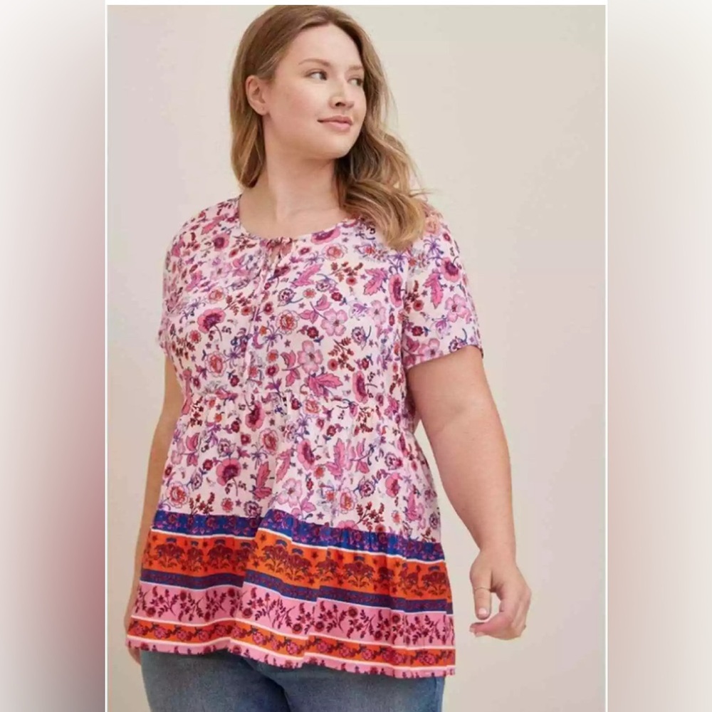 Torrid Babydoll Rayon Slub Tie-Front Top Floral Bohemian Blouse Short Sleeve 2X‎